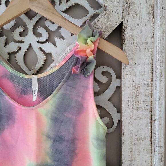 Celeste Women's Soft French Terry Ruffle Relaxed Tank Top Retro Neon Tie Dye - Picture 2 of 7